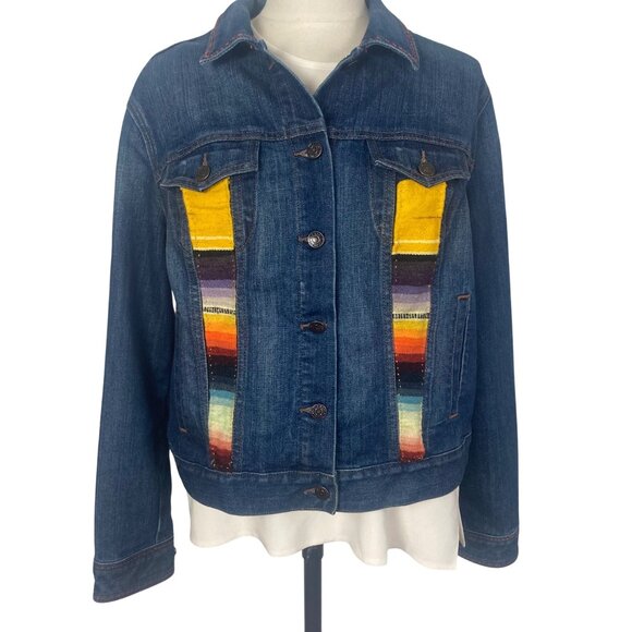 Upcycled Old Navy Denim Jacket Womens XL Southwestern Accents Fringe Back Boho - Picture 1 of 16